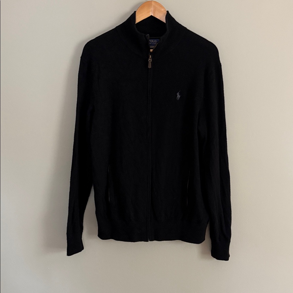 Polo Ralph Lauren Black Zip-Up Jacket 100% Merino Wool Size Large